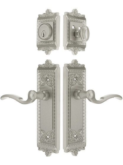Grandeur Windsor Entry Door Set, Keyed Alike with Bellagio Levers in Satin Nickel.